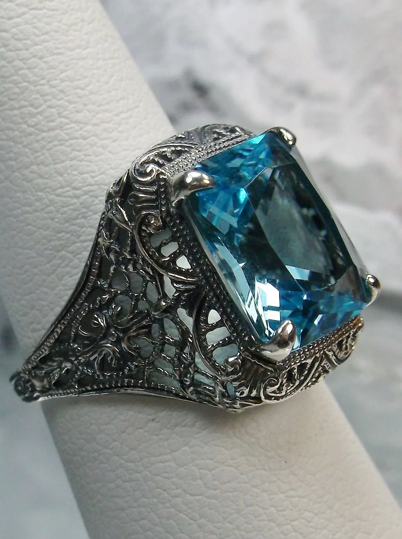Sky Blue Autumn Ring, Natural or Simulated Rectangle Gem, Vintage Jewelry #D200