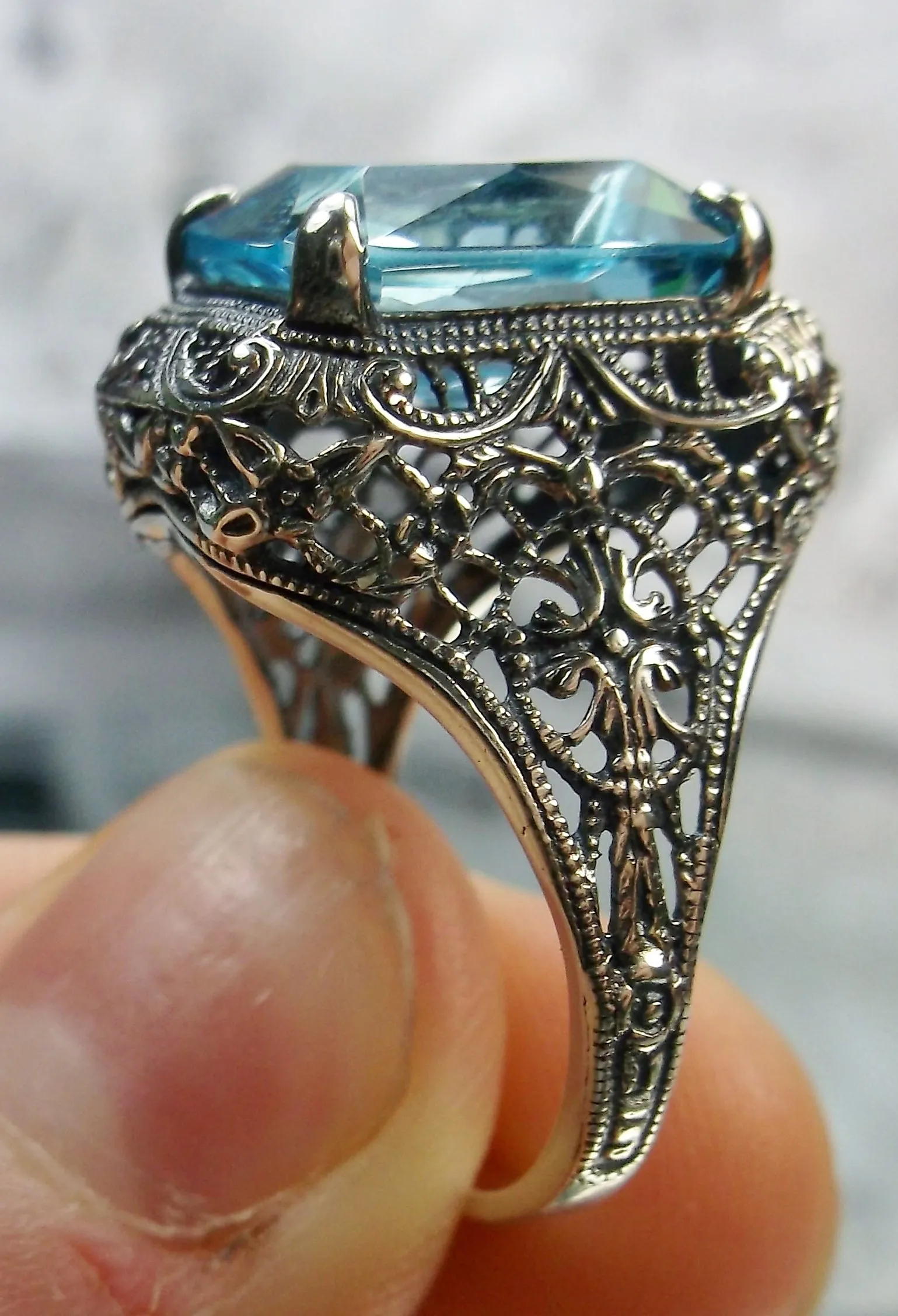 Sky Blue Autumn Ring, Natural or Simulated Rectangle Gem, Vintage Jewelry #D200