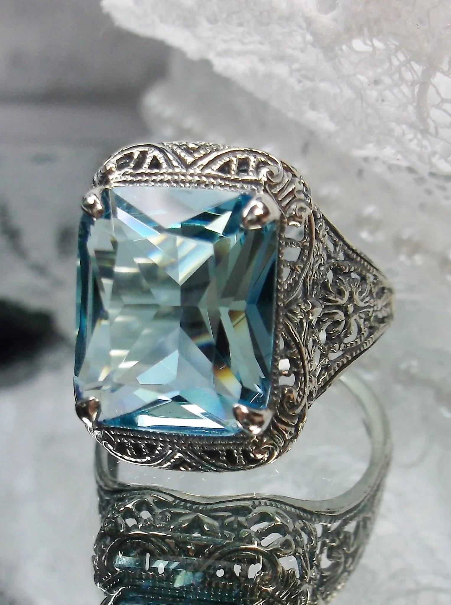 Sky Blue Autumn Ring, Natural or Simulated Rectangle Gem, Vintage Jewelry #D200