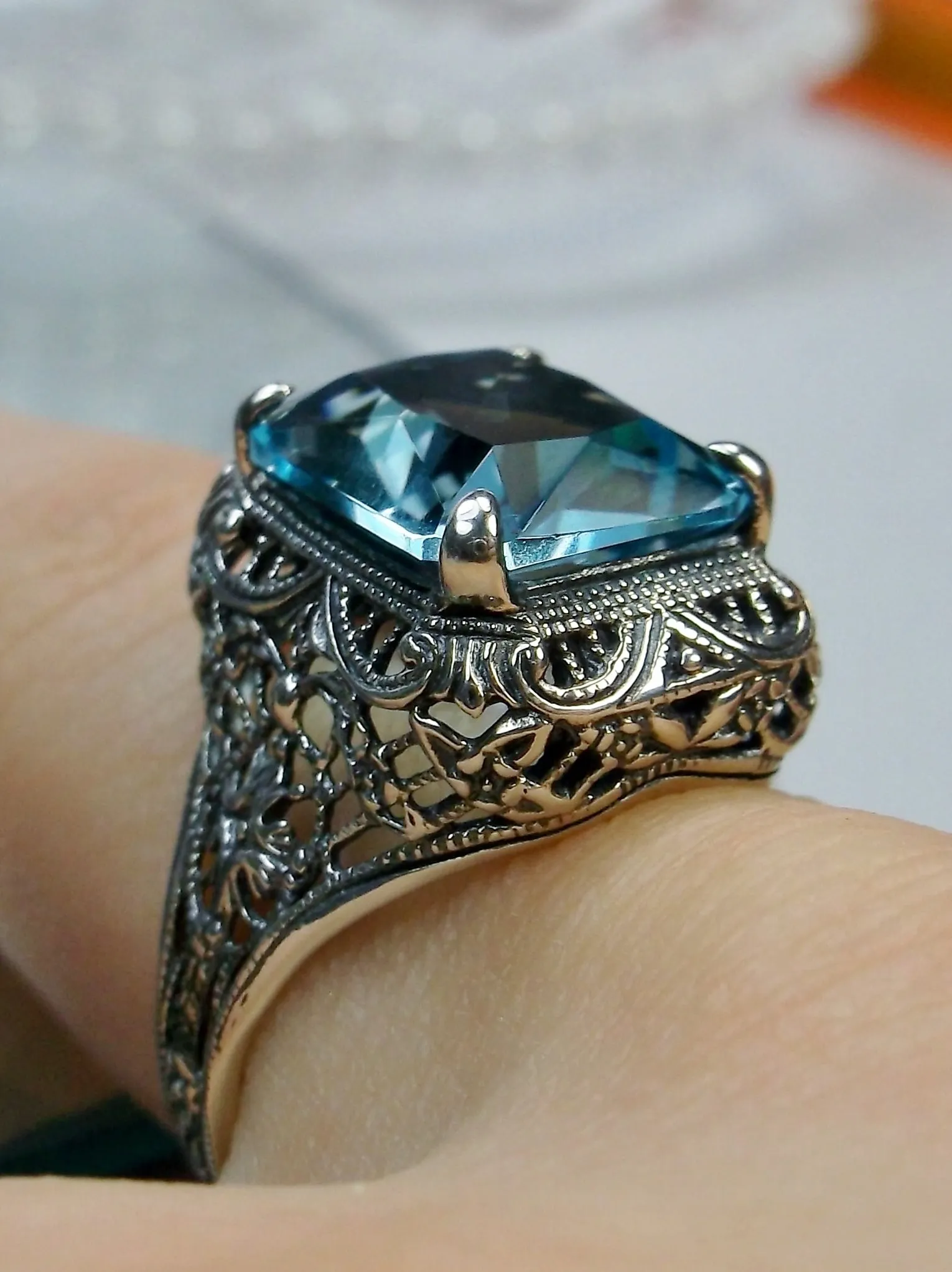 Sky Blue Autumn Ring, Natural or Simulated Rectangle Gem, Vintage Jewelry #D200
