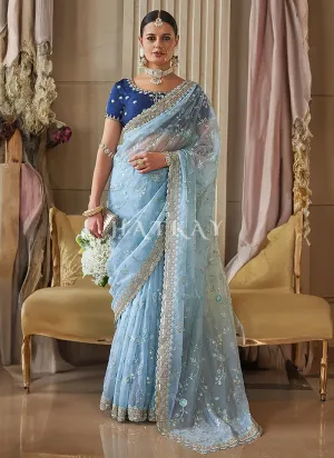 Sky Blue Embroidery Silk Saree