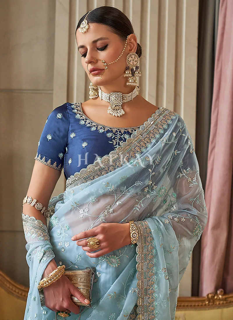 Sky Blue Embroidery Silk Saree