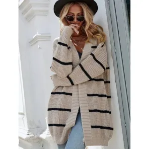soft knit oversized cardigan tan black striped preppy