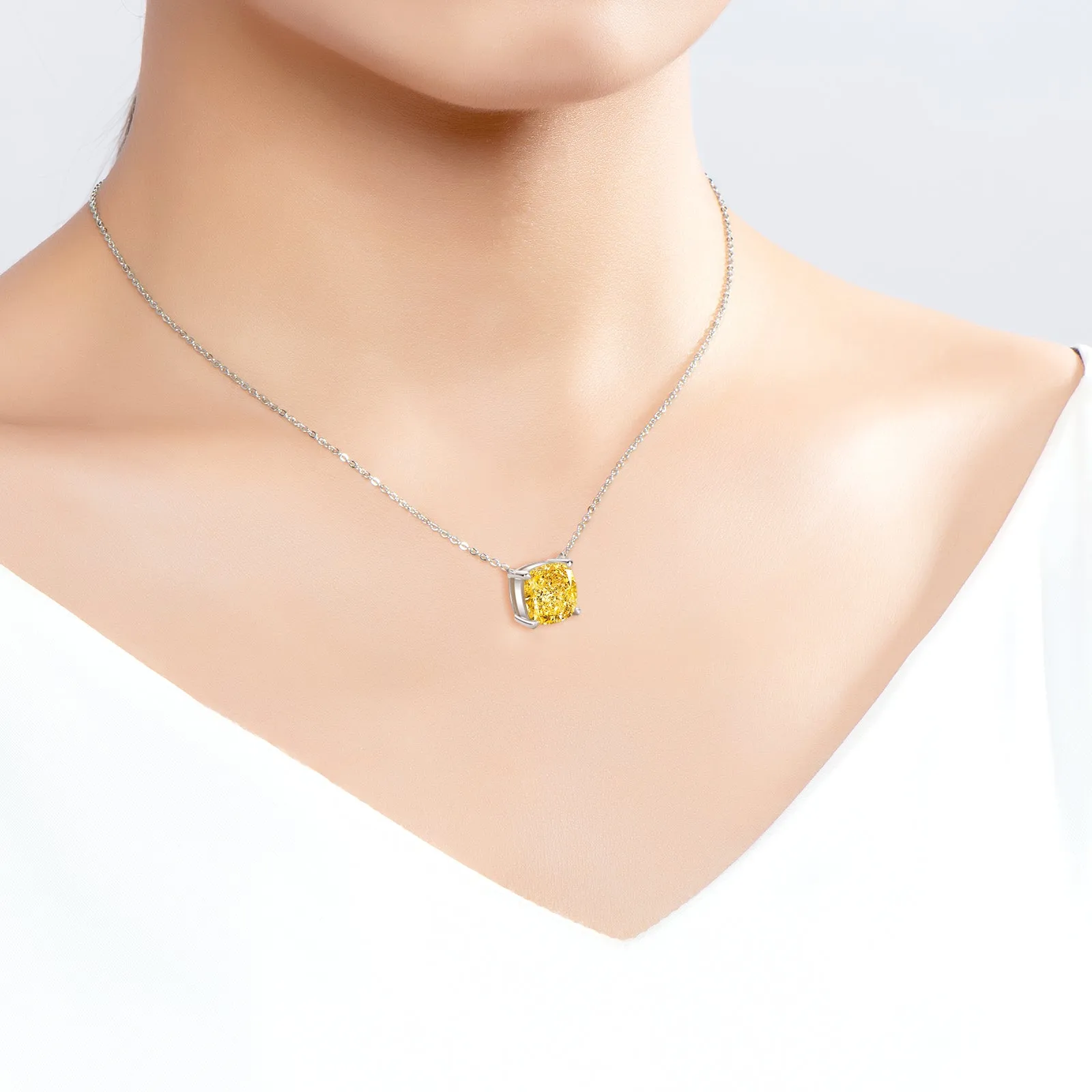 Solitaire Cushion Cut Yellow Created Diamond Pendant Necklace