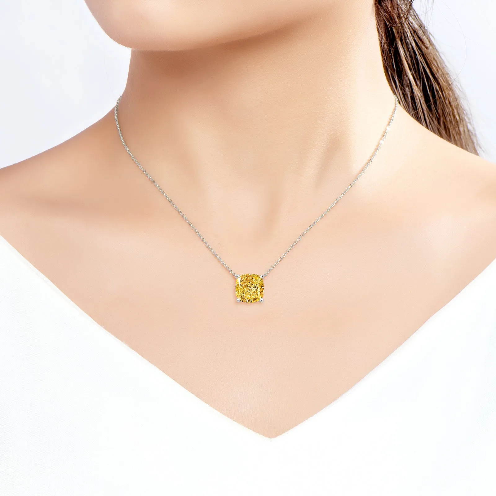 Solitaire Cushion Cut Yellow Created Diamond Pendant Necklace