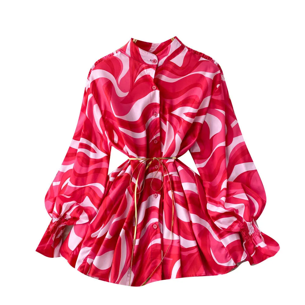 Spring and Autumn European and American Fashion Tie-Dye Printing Loose Shirt Female Niche Design Graceful Stand Collar Bishop Sleeves Top