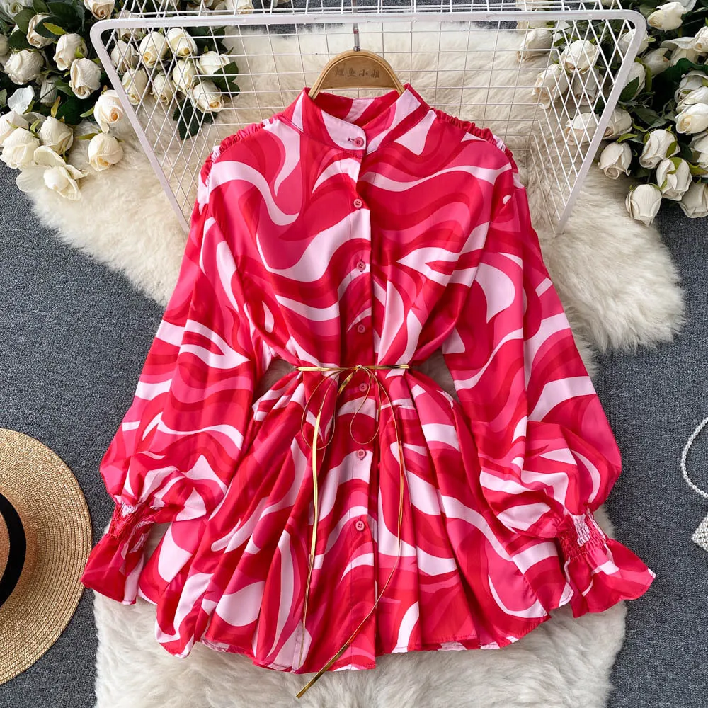 Spring and Autumn European and American Fashion Tie-Dye Printing Loose Shirt Female Niche Design Graceful Stand Collar Bishop Sleeves Top