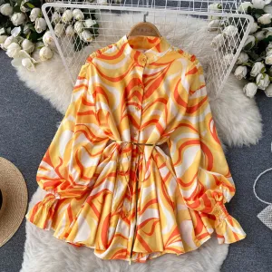 Spring and Autumn European and American Fashion Tie-Dye Printing Loose Shirt Female Niche Design Graceful Stand Collar Bishop Sleeves Top