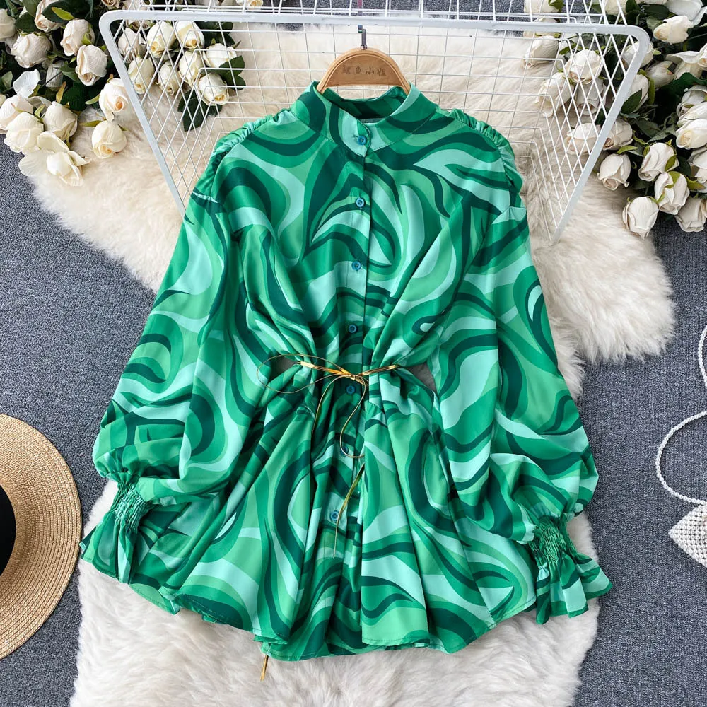 Spring and Autumn European and American Fashion Tie-Dye Printing Loose Shirt Female Niche Design Graceful Stand Collar Bishop Sleeves Top