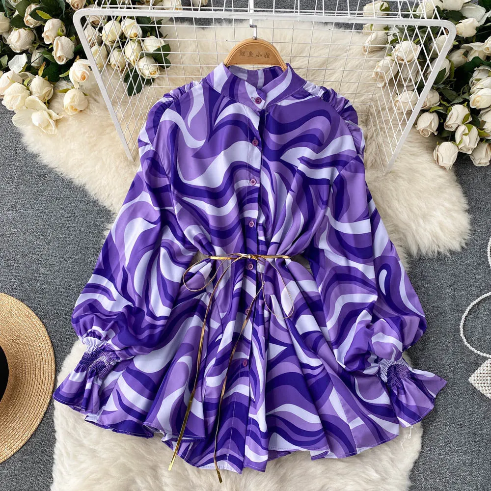 Spring and Autumn European and American Fashion Tie-Dye Printing Loose Shirt Female Niche Design Graceful Stand Collar Bishop Sleeves Top