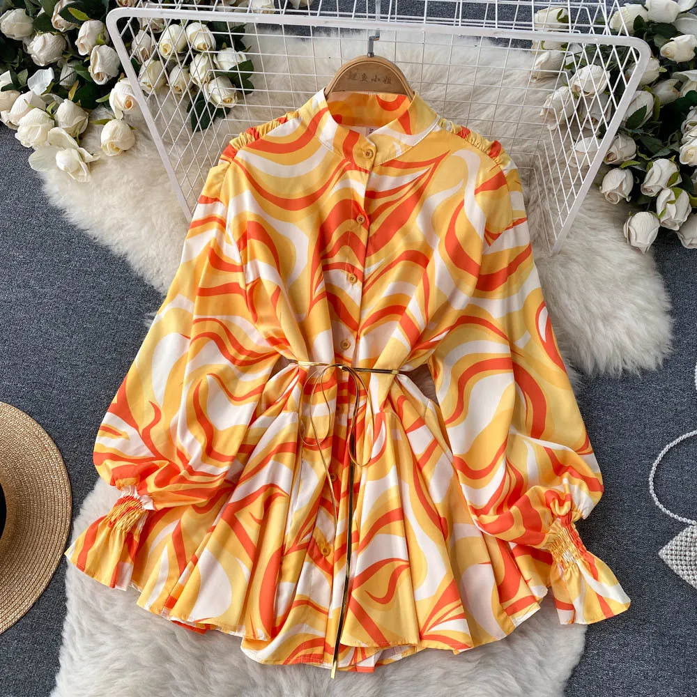 Spring and Autumn European and American Fashion Tie-Dye Printing Loose Shirt Female Niche Design Graceful Stand Collar Bishop Sleeves Top