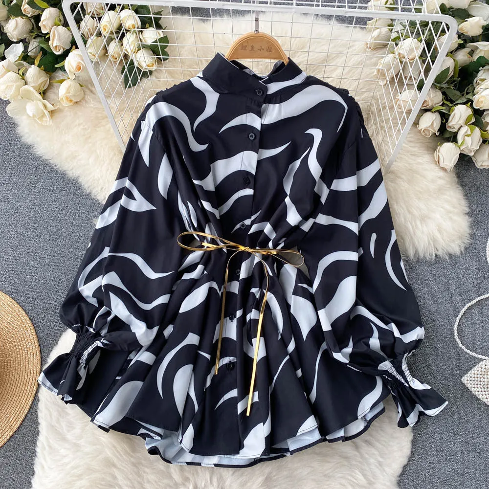 Spring and Autumn European and American Fashion Tie-Dye Printing Loose Shirt Female Niche Design Graceful Stand Collar Bishop Sleeves Top