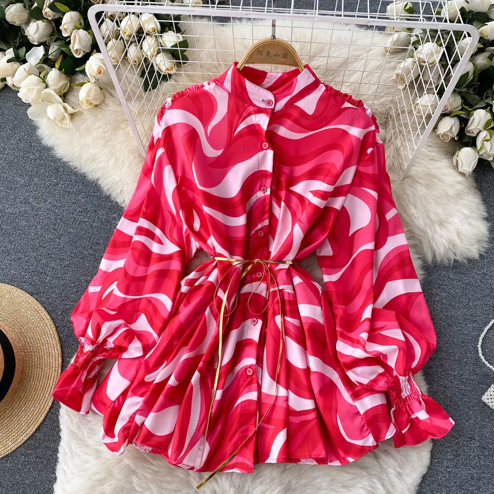 Spring and Autumn European and American Fashion Tie-Dye Printing Loose Shirt Female Niche Design Graceful Stand Collar Bishop Sleeves Top