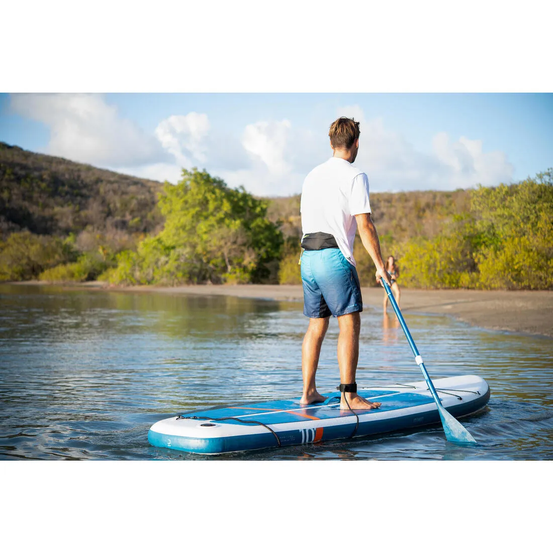Stand up paddle ultra compact et stable 10 pieds (130 kg max) blanc et bleu