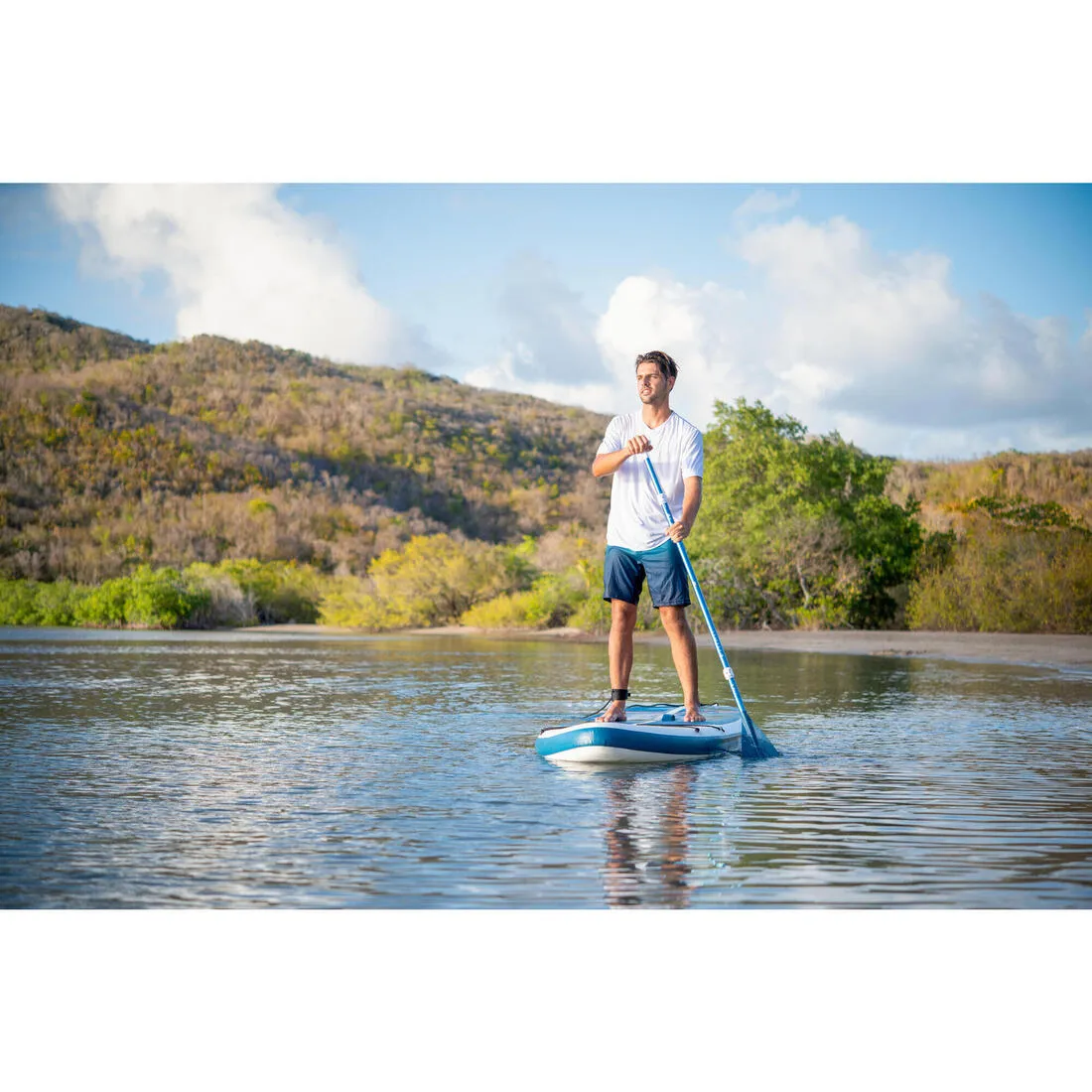 Stand up paddle ultra compact et stable 10 pieds (130 kg max) blanc et bleu