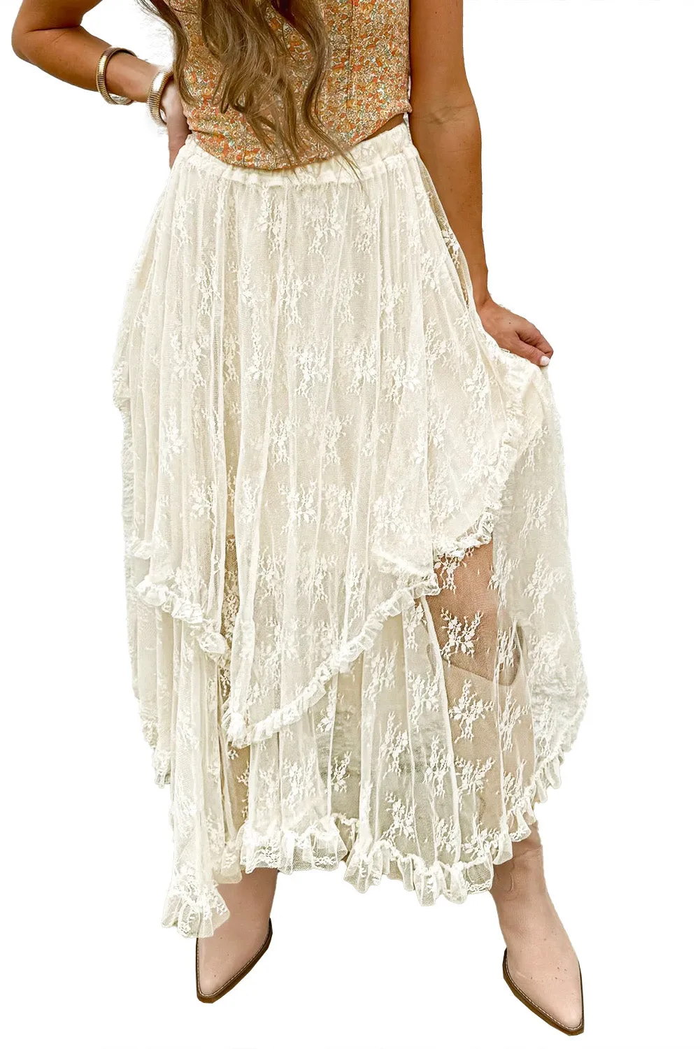 Stella, Beige Lace Cascading Tiered High Waist Maxi Skirt