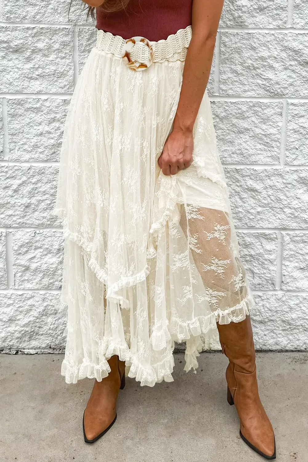Stella, Beige Lace Cascading Tiered High Waist Maxi Skirt