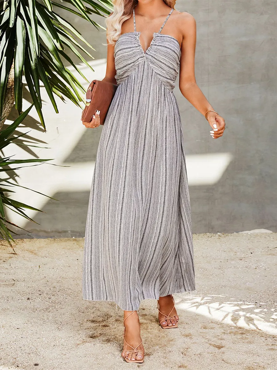 Stunncal Casual Striped Split Joint Halter Straight Dresses