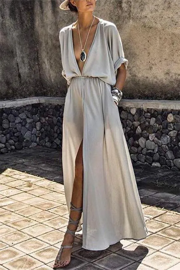 Stunncal Deep V-neck Solid Color Mid-sleeve Large Swing Skirt Split Long Dress