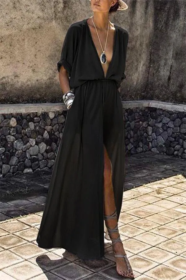 Stunncal Deep V-neck Solid Color Mid-sleeve Large Swing Skirt Split Long Dress