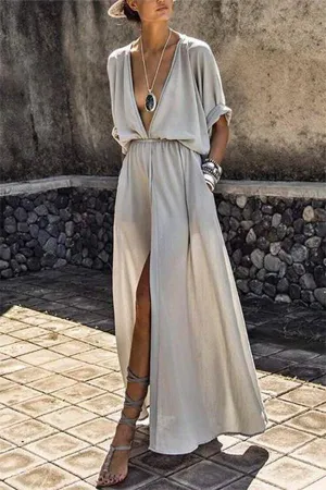 Stunncal Deep V-neck Solid Color Mid-sleeve Large Swing Skirt Split Long Dress