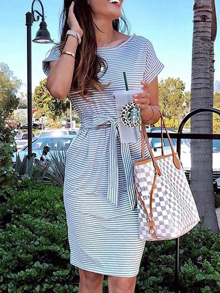 Stunncal Short Sleeve Pinstripe Round Neck Casual Wear Dress