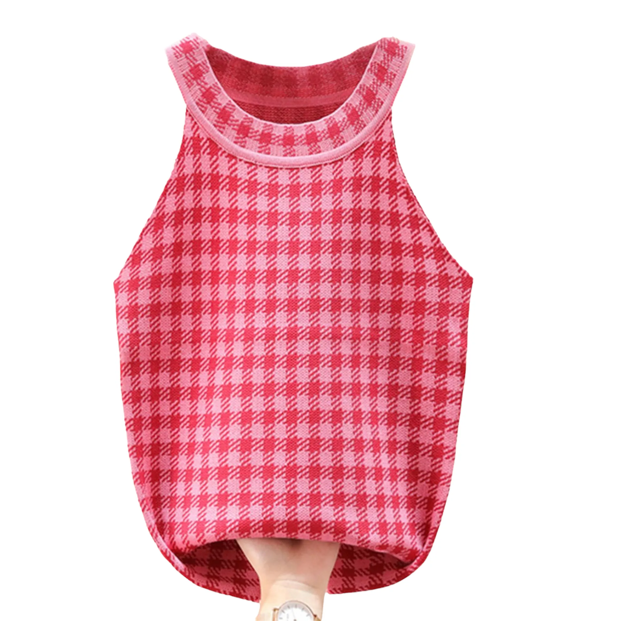Sun-Kissed Plaid Sleeveless Knit Top