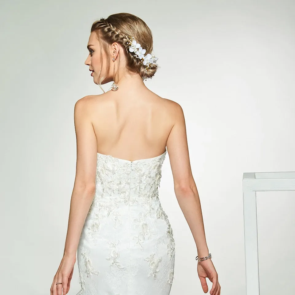 Sweetheart Neck Beaded Bodice With Appliques Floor Length Trumpet Wedding Dress Free Shipping
