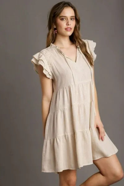 Tan Linen A-line Tiered Mini Dress