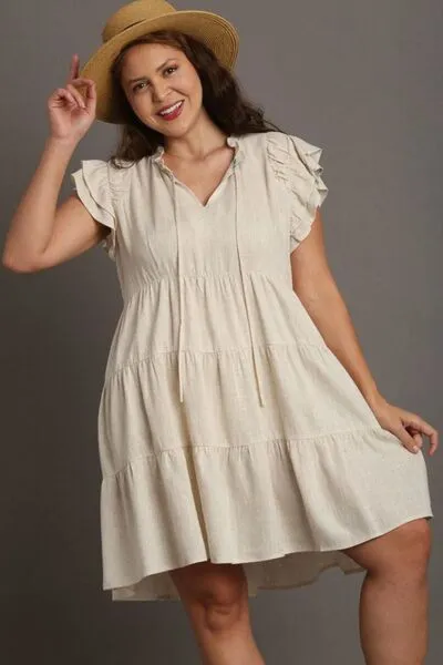 Tan Linen A-line Tiered Mini Dress