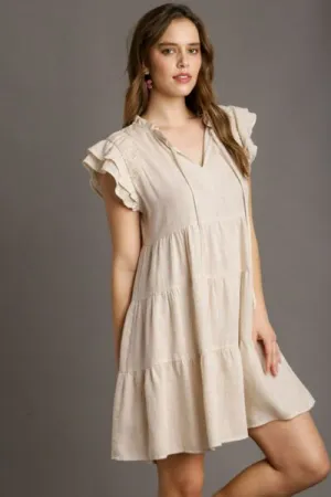 Tan Linen A-line Tiered Mini Dress