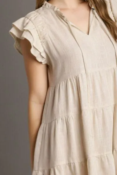 Tan Linen A-line Tiered Mini Dress