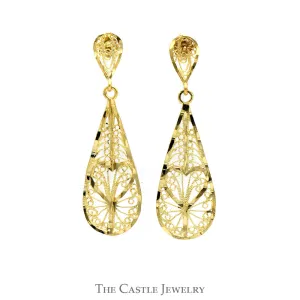 Teardrop Shaped Open Filigree Dangle Earrings in 14k Yellow Gold