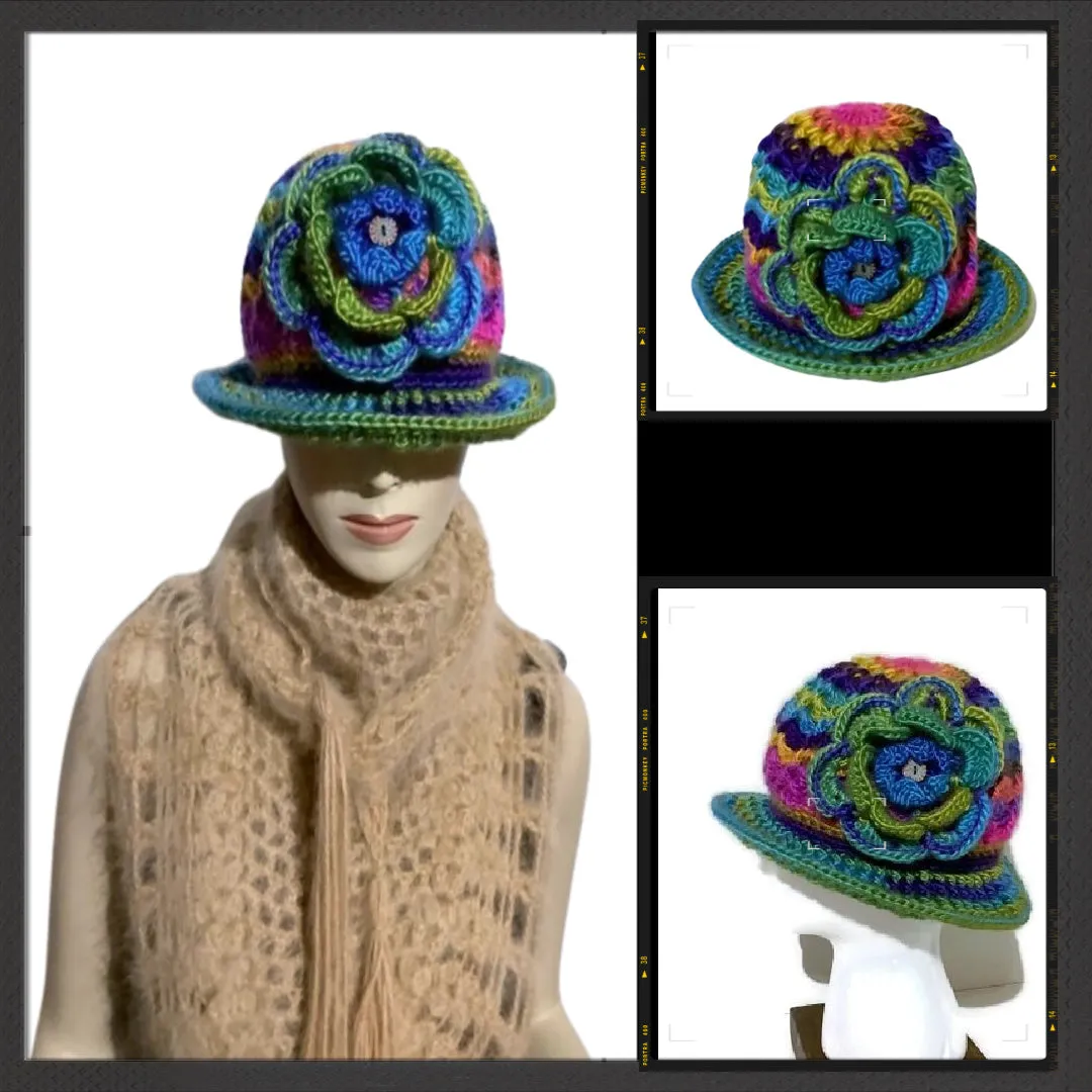 THE GREEN ÑUSTA  (an Inca princess in Quechua) HAT, handmade beanie, crochet hat, woman's size, cloché hat.