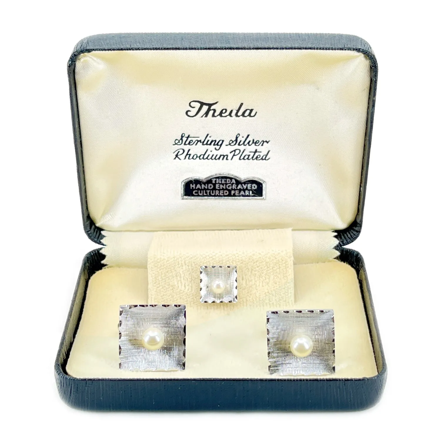 Theda Designer Japanese Cultured Akoya Pearl Square Mid Century Cufflinks Tie Tac- Sterling Silver