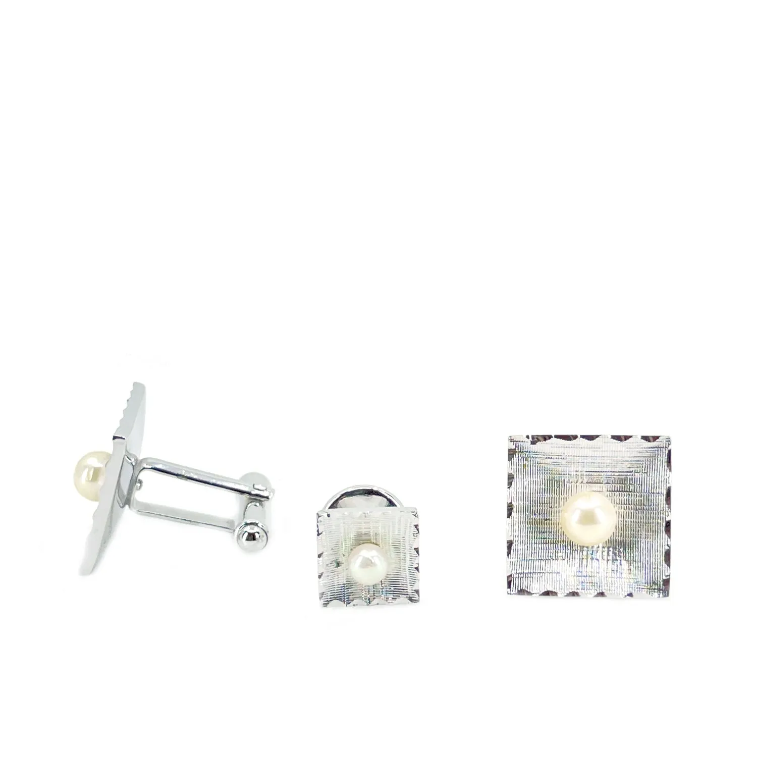 Theda Designer Japanese Cultured Akoya Pearl Square Mid Century Cufflinks Tie Tac- Sterling Silver