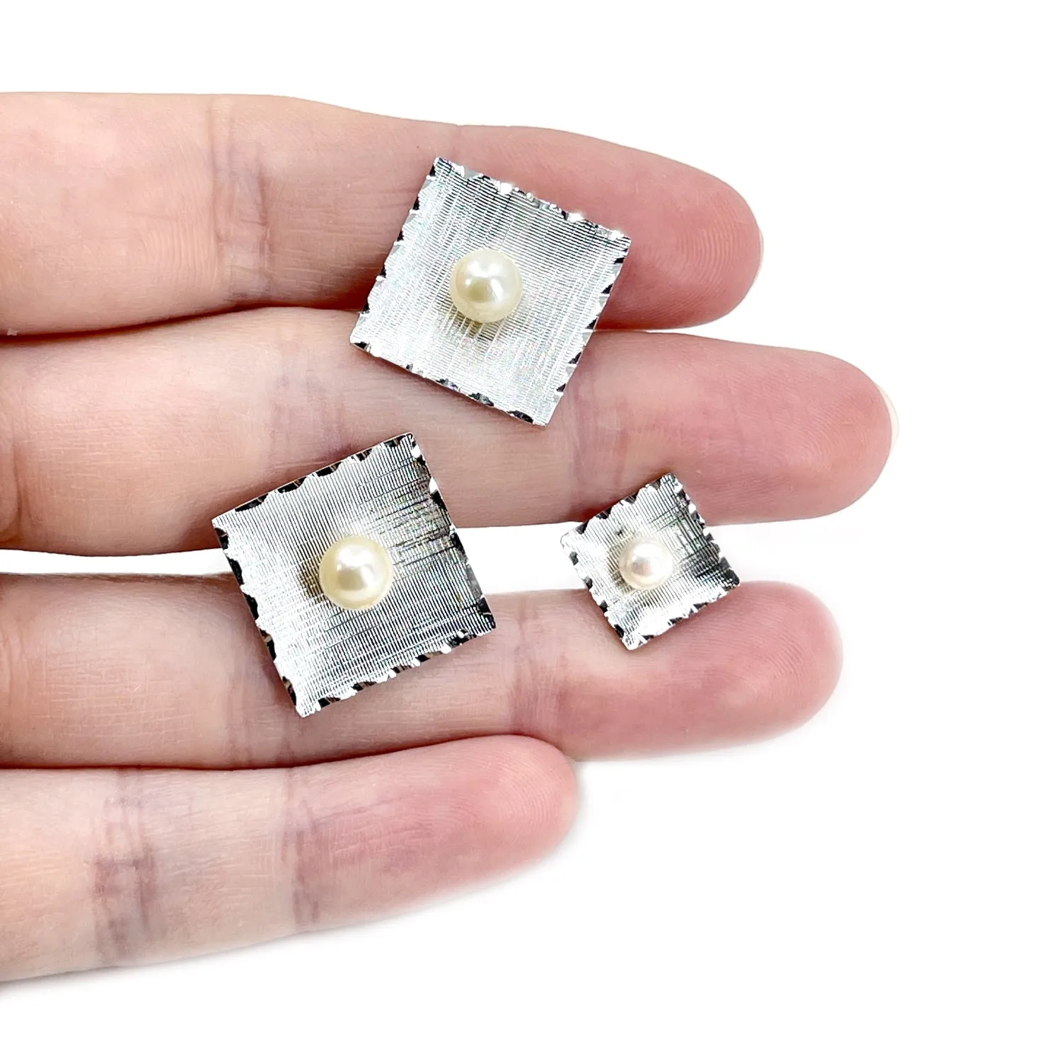 Theda Designer Japanese Cultured Akoya Pearl Square Mid Century Cufflinks Tie Tac- Sterling Silver