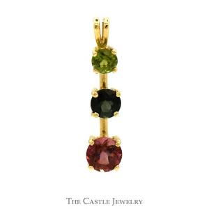 Three Stone Peridot, Blue Tsavorite & Rhodalite Garnet Pendant in 14k Yellow Gold
