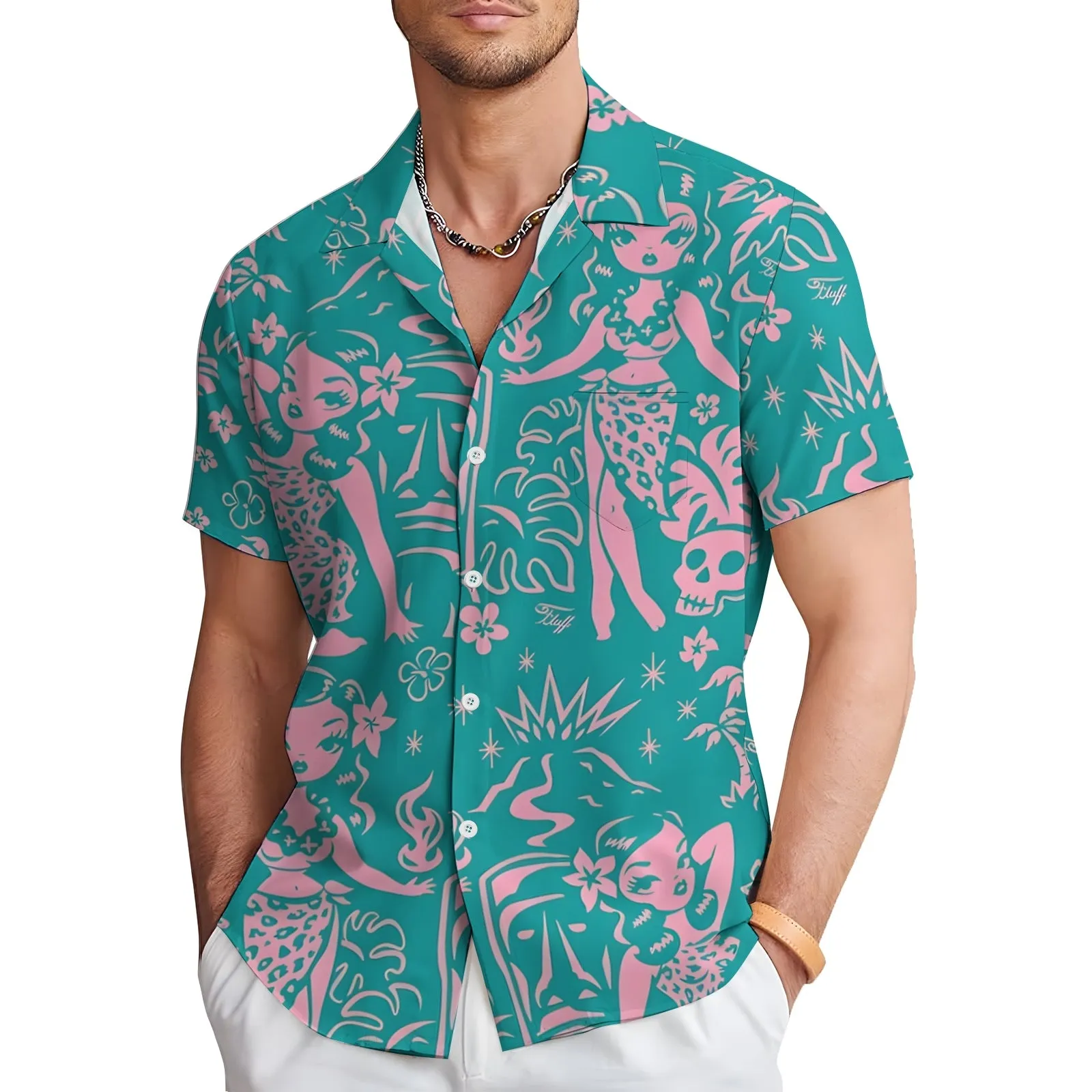 Tiki Art Print Casual Short Sleeve Shirt 2403000524