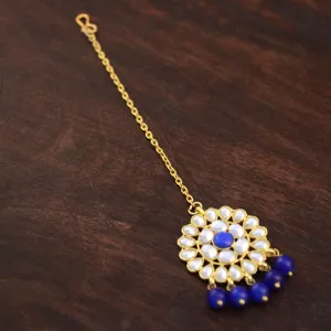 Traditional Gold Plated Blue Beads Kundan Maangtikka with Blue Center for Women
