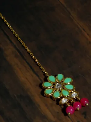 Traditional Gold Plated Mint Blue Kundan Maangtikka with Pink Beads for Women