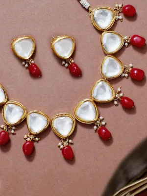 Traditional Gold Plated Red Beads Polki Kundan Necklace Set
