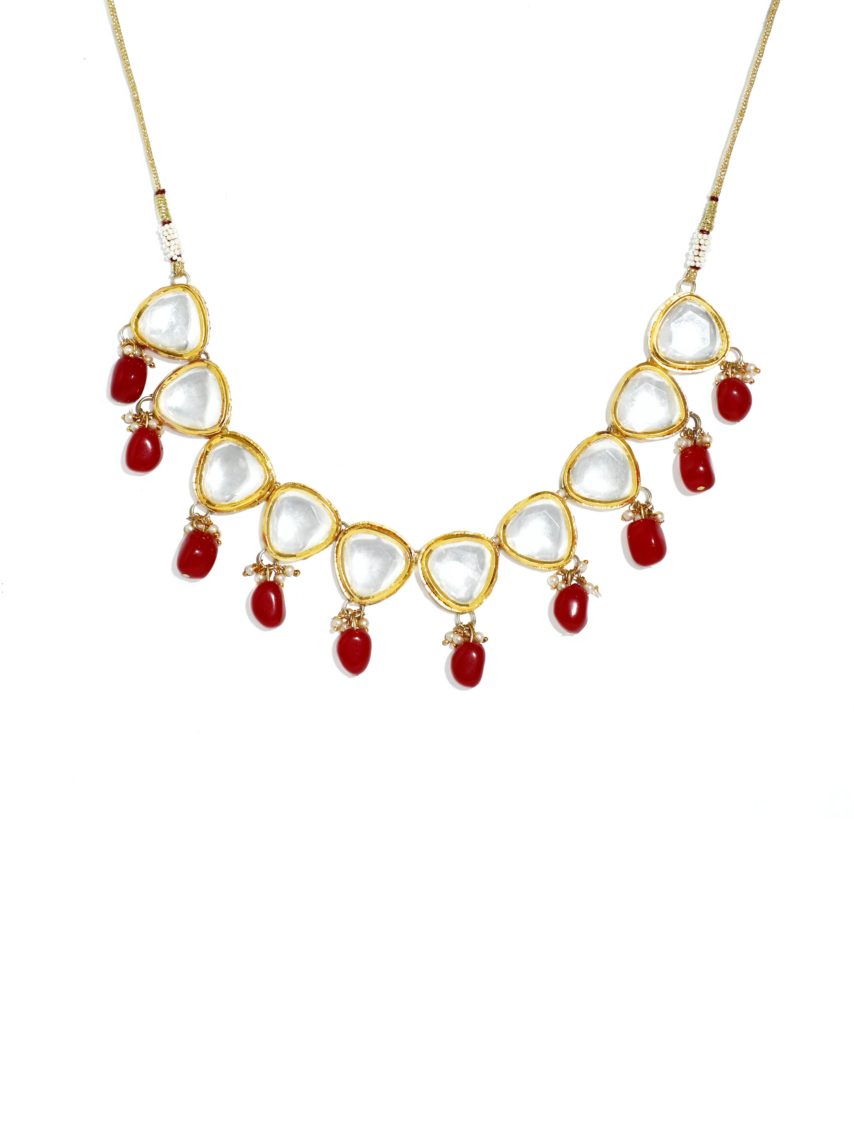 Traditional Gold Plated Red Beads Polki Kundan Necklace Set