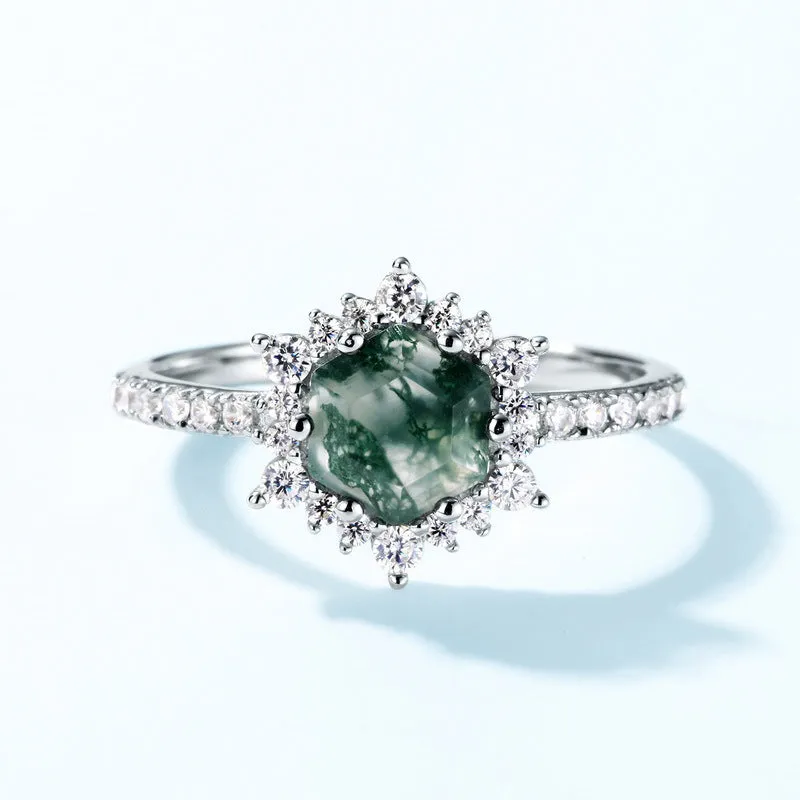 Trendolla Hexagon Cut Moss Agate Engagement Ring