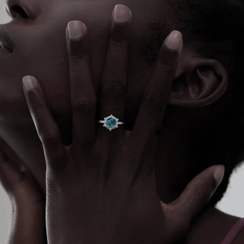 Trendolla Hexagon Cut Moss Agate Engagement Ring