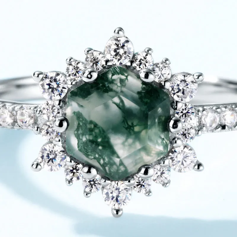 Trendolla Hexagon Cut Moss Agate Engagement Ring