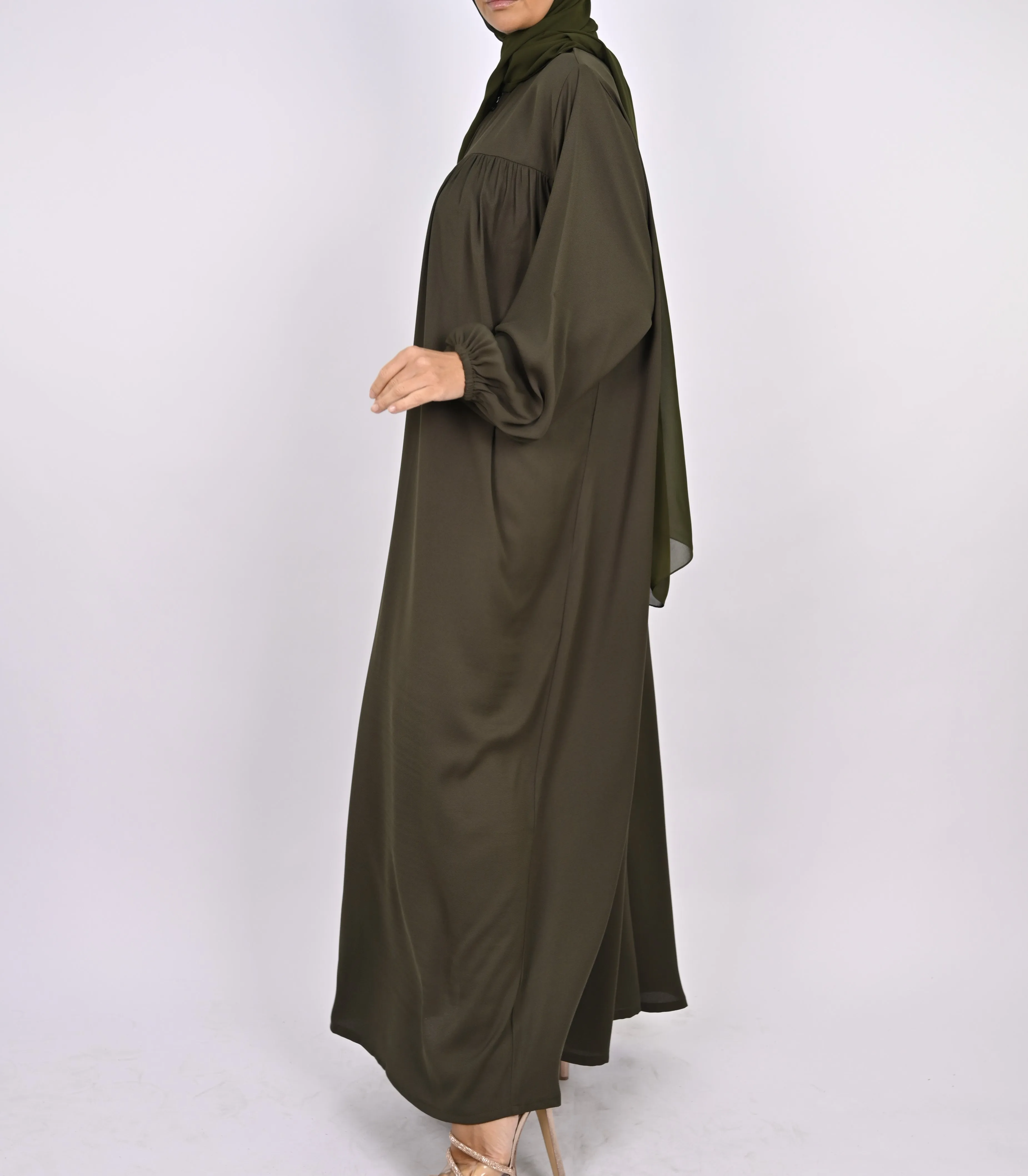 Turkish Style Abaya With Pleats - Green