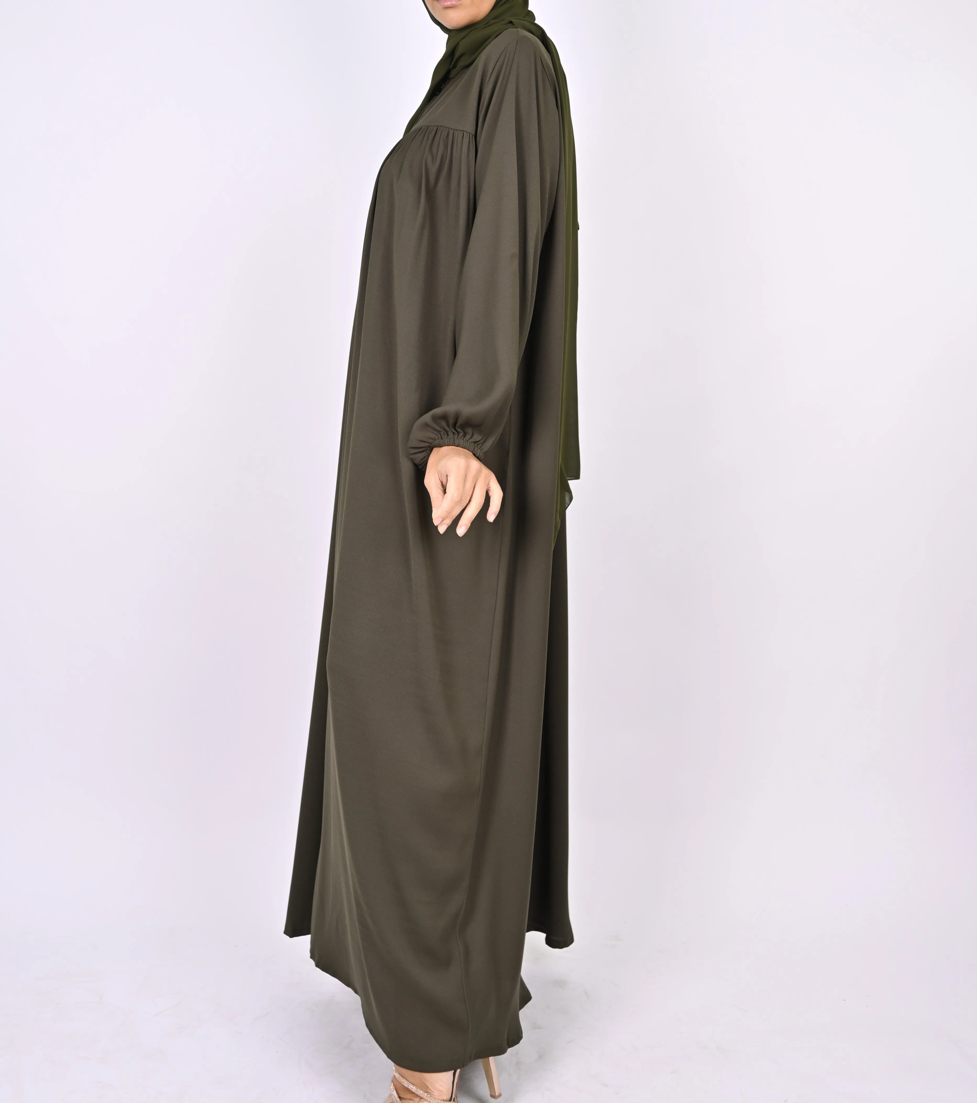 Turkish Style Abaya With Pleats - Green