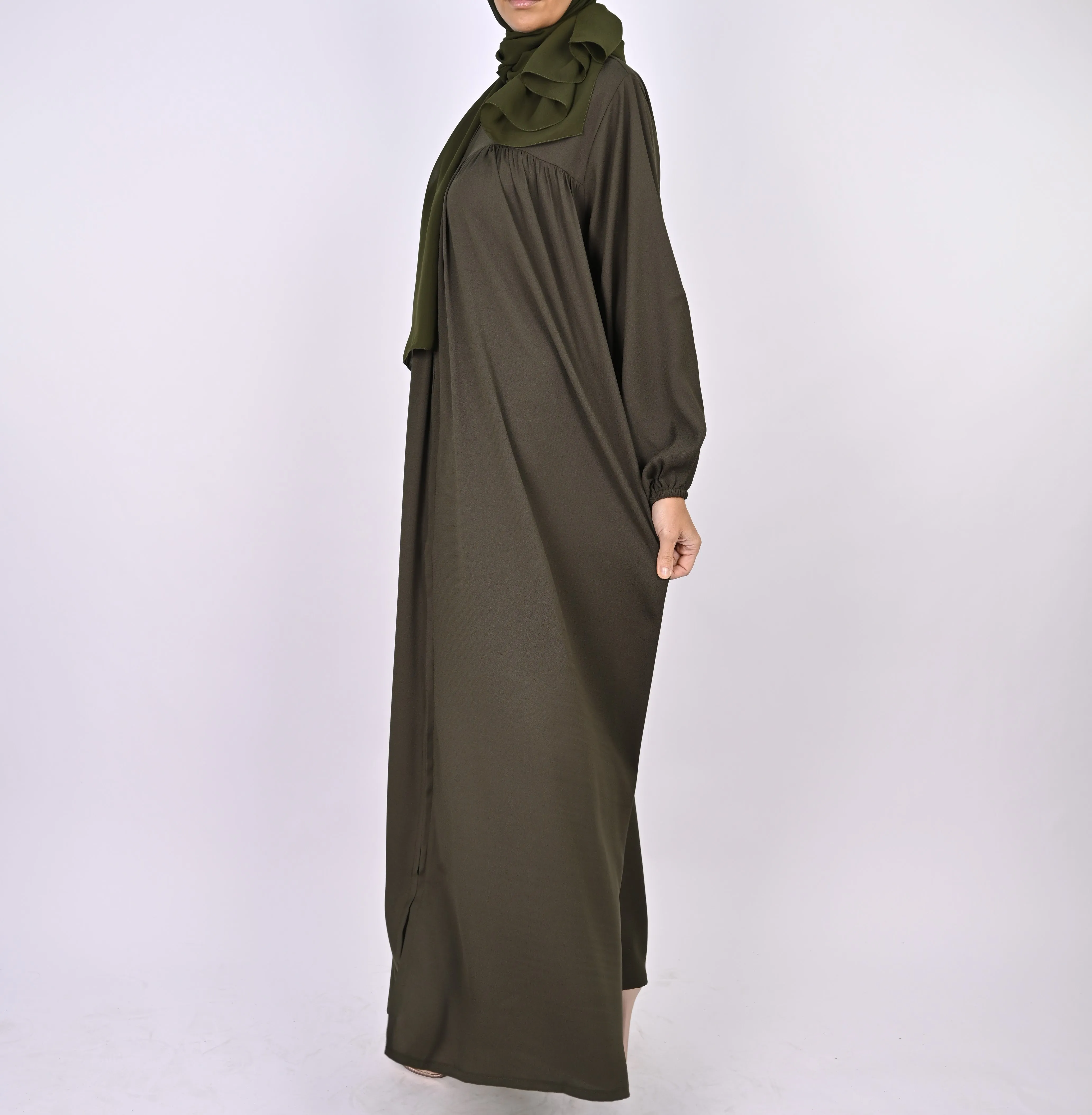 Turkish Style Abaya With Pleats - Green