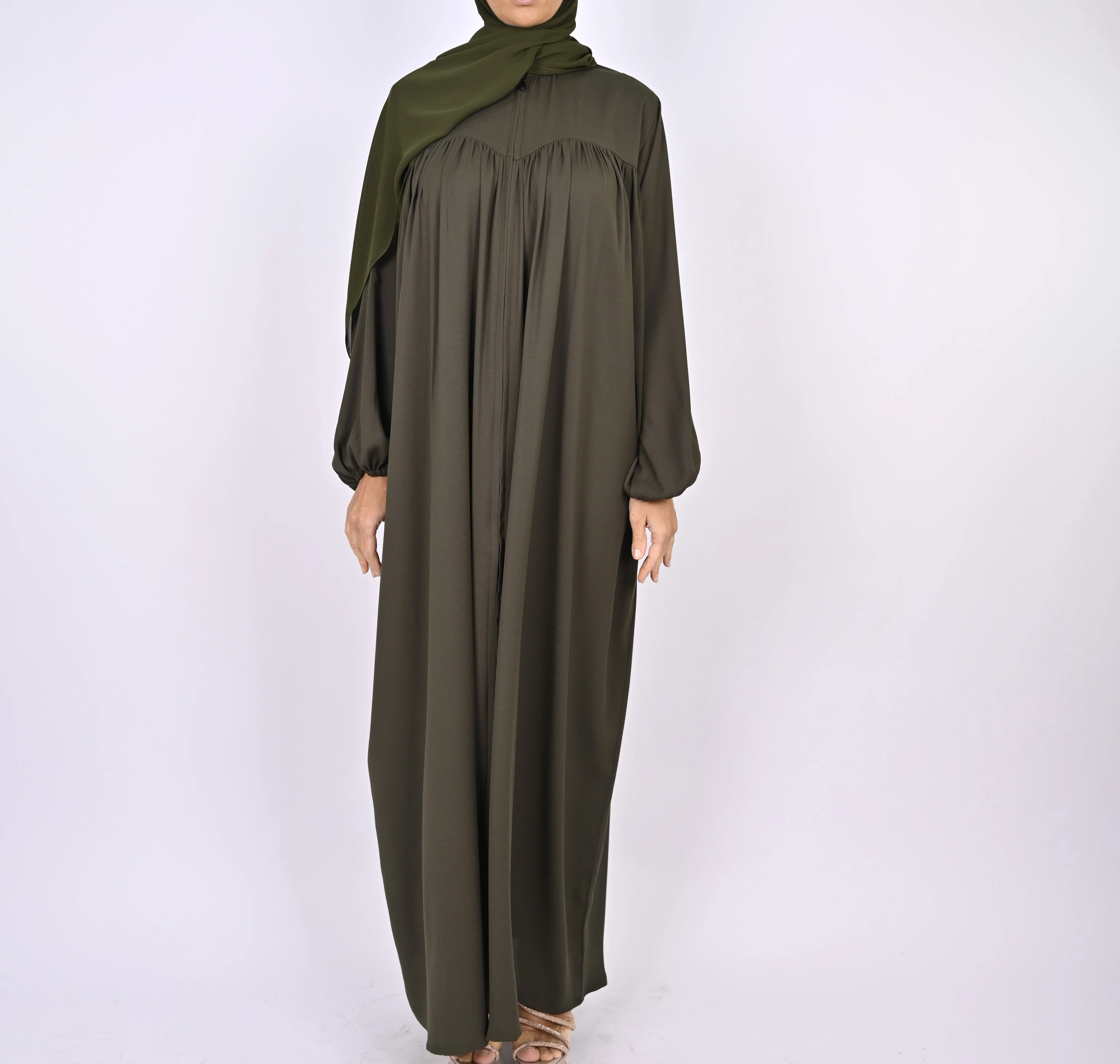 Turkish Style Abaya With Pleats - Green